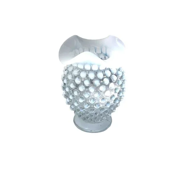 Fenton Vintage White Hobnail Opalescent Milk Glass Vase Petite Ruffled Edge Deco